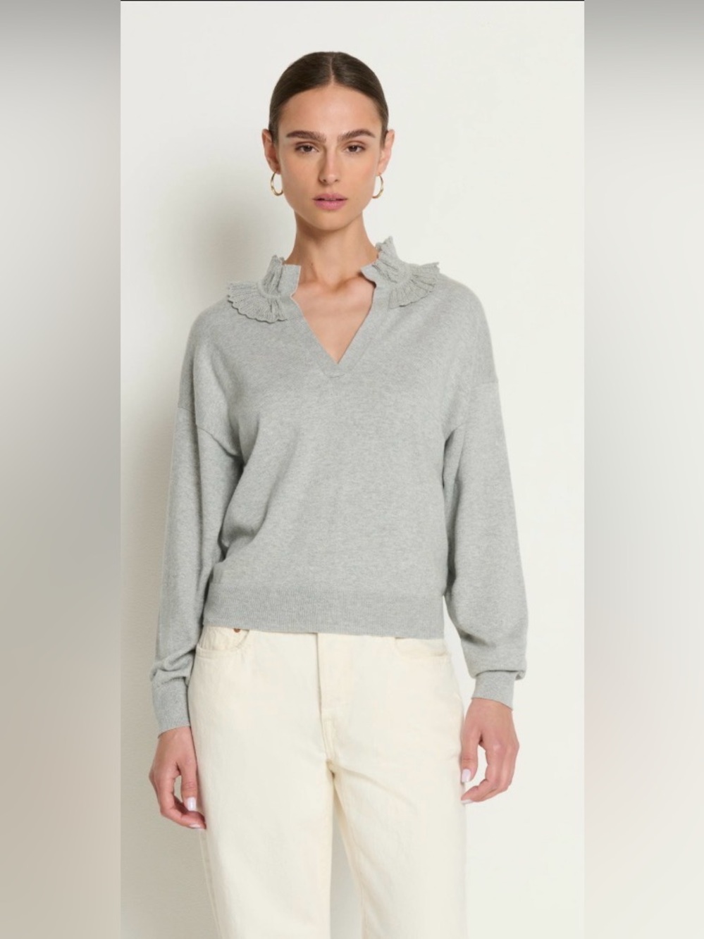 Nation LTD Light Gray Winona Ruffle V-Neck Sweater - Picture 3 of 4